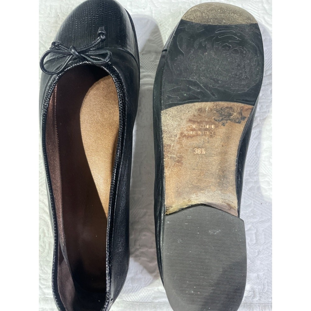 Vero Cuoio Black Leather Ballet Flats Lizard Embossed Toe Bow Made in Italy 38.5 - Picture 6 of 8